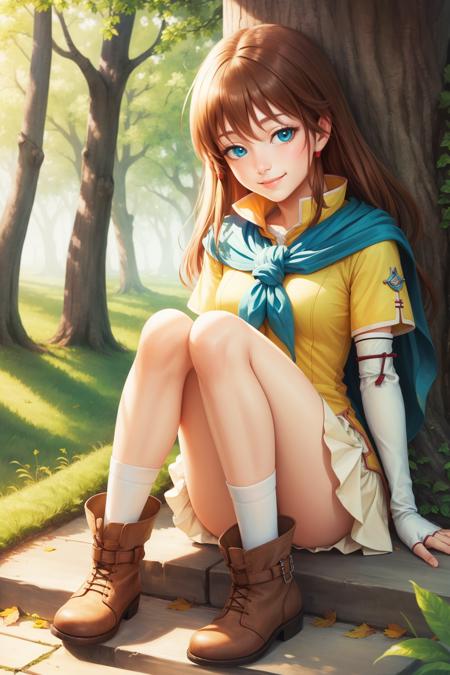 masterpiece, best quality, feMist, blue capelet, yellow shirt, pleated skirt, arm warmers, white socks, boots, sitting, village, trees, smile <lora:mist-nvwls-v2-000012:0.9>