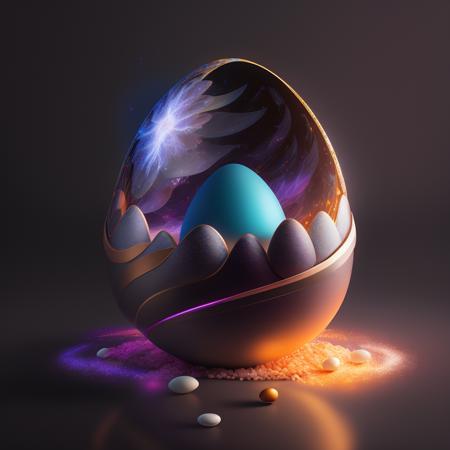 there is a large egg with a hole in it on a dark surface, 3d digital art 4k, cinema 4d bright light render, cinema 4 d art, 3d render digital art, humpty dumpty in form of egg, digital art render, high-quality render, magic frozen ice phoenix egg, cinema 4 d render, cinema 4d render
 <lora:easter-fusion:1>