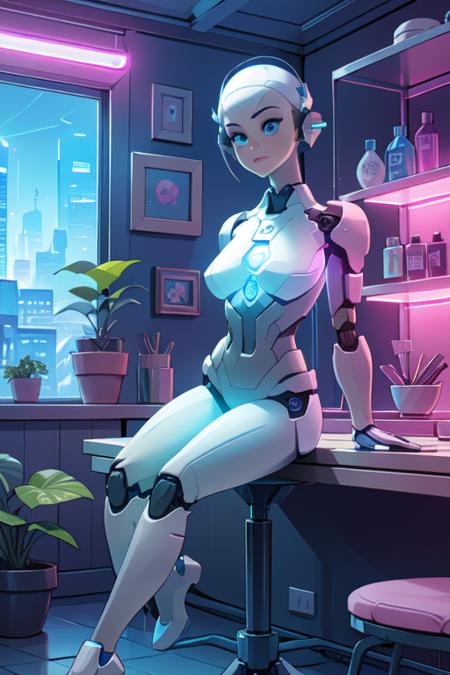 android blue Eyes, blue Eyes, white skin, robot, cyborg , drawing, painting on paper, inks, ink pots, shelf((Masterpiece)), (Best Quality), Art, Highly Detailed, Extremely Detailed CG Unity 8k Wallpaper, (Curves: 0.8), (Full Body: 0.6), 3DMM, (Masterpiece, Best Quality) sitting, white sleeveless shirt, no bra, small chest, on the arm, sitting, drawing, jeans, black pants, cartoonist, studio , white walls, neon pink lights, neon lights, pink lights, wooden shelf, flower pots, plants, decorative plants, window, window, city view, , 12334, Q , perfect eyes,12334