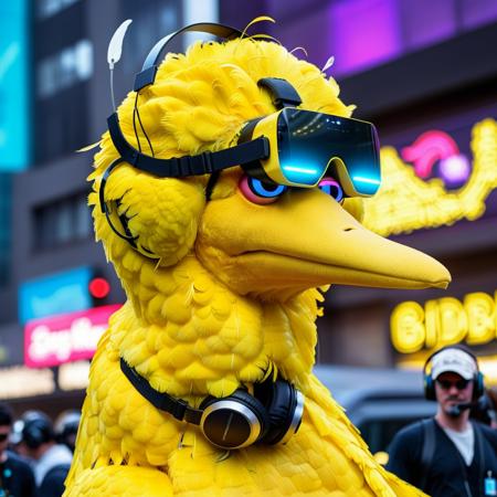 cinematic photo Bigbird1024, a giant yellow bird uses a vrheadset, cyberpunk background <lora:Bigbird1024-000255:0.7> . 35mm photograph, film, bokeh, professional, 4k, highly detailed