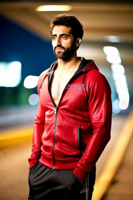 Thomas Middleditch a man <lora:akshay-oberoi_Thomas-Middleditch:1>, realistic photo in a worn ((red tracksuit, massive hairy pecs)), ((light bokeh)), intricate, (steel metal [rust]), elegant, erotic, exuding sexual energy, sharp focus, photo by greg rutkowski, soft lighting, vibrant colors, (masterpiece), ((streets)), (detailed face), looking at viewer, light smile, night, walking towards viewer, cinematic lighting, beautiful lighting, cinematic lighting, (hazy filter, film grain:1.2)