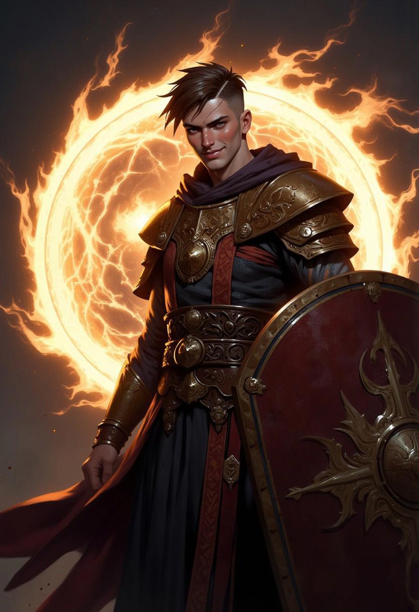 "Design a young Turkish man with short brown hair, wearing a blend of traditional Turkish clothing and monastic robes. His expression is confident, with a warm smile and hopeful eyes. He is holding a circular shield, and a faint, glowing aura of protection surrounds him, radiating strength and resilience. The aura should feel powerful yet calming, emphasizing his role as a protector. The background should remain subtle, allowing the protective aura and his presence to be the focus."