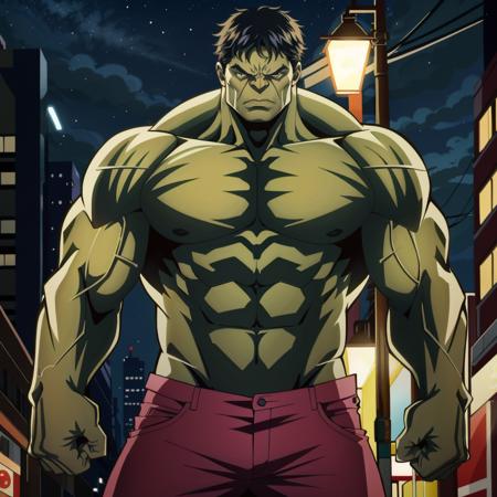 hulk, standing, villain, serious, from front, upper body, streets, night, intricate details, masterpiece, absurdres, best quality <lora:hulk-000020:0.7>