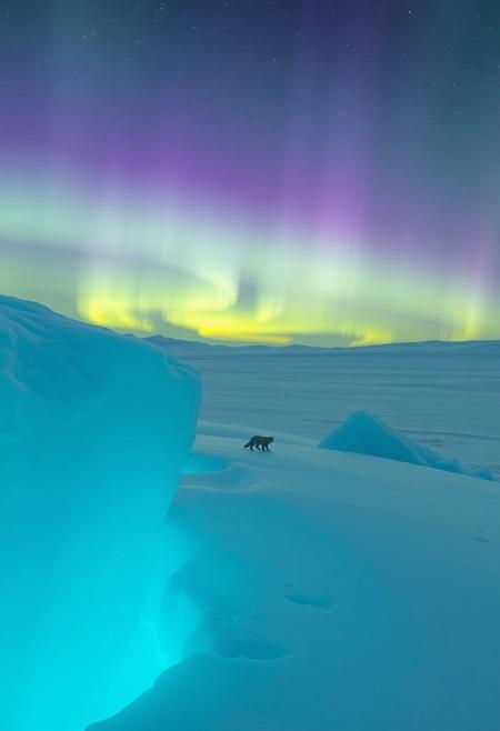 On the polar glacier, the azure icebergs reflect the aurora in the sky. Bands of green and purple lights dance in the night sky, with vast snowy expanses in the distance, dotted with a few leisurely walking Arctic foxes, creating a tranquil and mysterious scene.