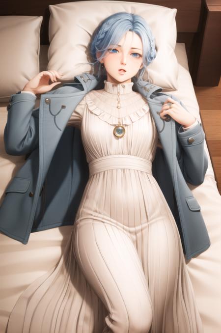 (masterpiece), high quality, (detailed background), 1girl, solo,
<lora:LiesOfPSophia-v1-03:0.5>, ChopioSophia, blue hair, short hair, braid, blue eyes, lips, single hair bun, (looking at viewer:1.3),
mature female,
outfit_1, blue jacket, leather jacket, (jacket on shoulders:1.4), white dress, frilled dress, long sleeves, necklace, gem, butterfly brooch, jewelry, long sleeved dress, white sleeves,
bedroom, (white:1) bed, (white:1) bed sheet, (white:1) pillow, head on pillow, on bed, (on back, lying on bed:1), from above, embarrassed, blush:1.3, open mouth,