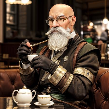 (((a man is sitting in a cafe drinking tea))) <lora:KnolanBattleChasersLora:0.5> 1boy, male focus, facial hair, beard, mustache, old man, white hair, glasses, bald, gloves, staff, Highly detailed,masterpiece, best quality