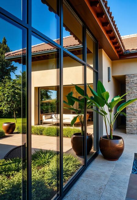 Increase realism in the glass reflections, enhance texture in the landscaping, and add fine details to the villa’s architectural elements.