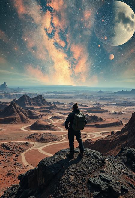 A cosmic traveler standing on an alien landscape, surreal landscape photography meets expressionist figuration, constructed environments with raw, distorted human elements, hyperreal nature infused with bold linework and visceral emotion, manipulated scale and perspective, stark contrast between artificial beauty and human brutality, expressive textures in staged settings, psychological symbolism, modernist grotesque forms set within photographic landscapes, architectural fragments and surreal models clashing with abstract figures, ambiguous spatial narratives, visual tension between control and chaos, hybrid of photographic realism and neo-expressionist intensity