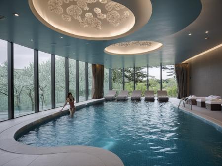 <lora:JJsSwimpool_XL:1>, ((Swim pool)), interior, ((no human)), scenery, tree, window, water, sunlight , RAW photo,Masterpiece, high quality, best quality, authentic, ,windows , dslr, soft lighting, high quality, film grain, Fujifilm XT3 ,ceiling light, tile floor, water, blue blue sky, palm tree, curvy wall, hotel, pool, bench, chair ,building, tree, cherry blossoms, spa, bikinni, multiple girls, window, curtains, dramatic lighting,
