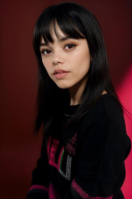 jenna_ortega_v4 wearing black wool sweater, long hair, bangs, lipstick, pink makeup, skinny,
(black sweater),
medium shot, upper body shot, portrait, solid color background, soft lighting, close up,
<lora:Jenna_Ortega_V4:0.7>, <lora:breastsizeslideroffset:-0.5>