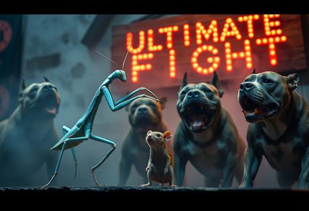 “A hyper-realistic scene of a pale blue mantis dancing gracefully with a greenish mouse, surrounded by four pitbulls barking hysterically, their expressions intense and exaggerated. The setting is captured with optics broadcast cinema anamorphic lenses, adding subtle lens flares and a slight edge blur for a filmic effect. Studio lighting highlights the intricate textures on the mantis’s limbs, the mouse’s soft fur, and the muscular build of the pitbulls, creating a surreal yet lifelike atmosphere. In the slightly blurred background, a rotten wooden sign reads ‘Ultimate Fight’ in faded letters, adding a gritty, underground feel to the scene. Neon hues and fog soften the surroundings, amplifying the eerie, dreamlike ambiance.”