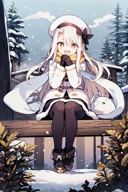 1boy,solo,illyasviel von einzbern,snowing,forests,trees,snow,happy,breathing steam,laugh,hat,scarf,glove,full body,
 <lyco:MushroomStyle_v1:1>