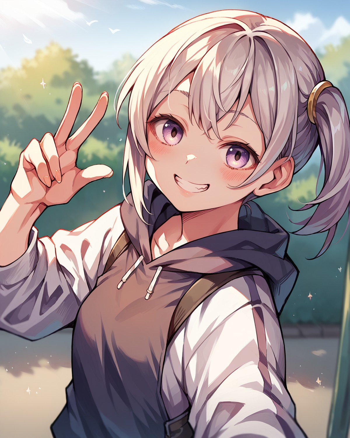 score_9, score_8_up, score_7_up, source_anime, solo, 1girl, , , , , , shaka sign, , looking at viewer, smile, ffc selfie,<...