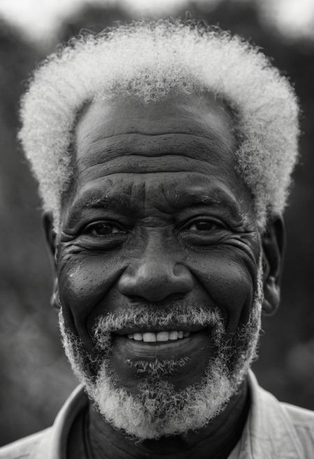 cinematic, a photograph of <lora:Kodak Portra 400 analog film stock style v2:1> , black and white emotional award winning photography portrait of a smiling old afro man looking intensevely at me. Impressive skin texture effect. Hyper realistic. High contrast. Award winning photography. Artistic shot. Weird angle shot. Avraisnotanartist art, arriflex 35 BL camera, Canon k35 Prime Lens, 8k, Depth of field , bokeh effect, perfect ambiant occlusion.