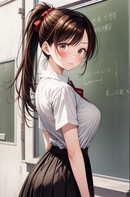 masterpiece, 1girl, best quality, chizuru mizuhara, waist-length chestnut-brown hair, a small ponytail hanging on the back, large breasts, brown eyes, full body, school uniform, white shirt, black skirt, classroom, standing, arms behind back, looking at viewer