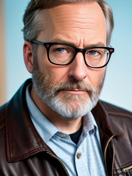 photo of (LuckyHank:0.99), a bearded man wearing glasses, wearing a black leather jacket, with a purple t-shirt, with a black boots,  detailed face, realistic skin, high quality, (brown eyes:1.1), Leica 50mm, f1. 4, natural light, grainy, (high detailed skin:1.2)