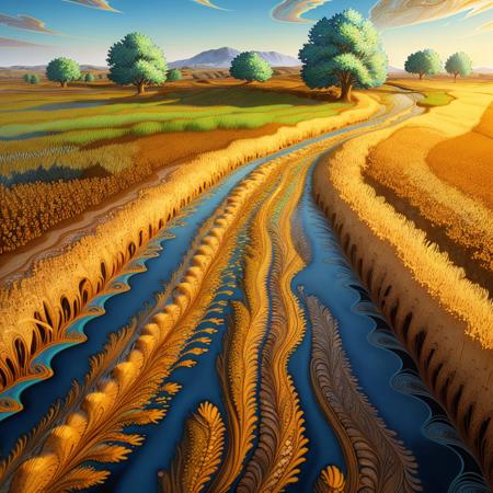 an analog realistic photograph of a magnificent mrblng02-4000 farm track through wheat fields, very detailed, intricate, <lora:to8_ContrastFix_sd15:0.83>