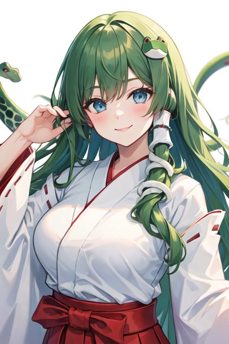 best quality, masterpiece, highres, solo, {white kimono:1.35}, {red hakama:1.35}, {wide sleeves:1.20}, {kochiya_sanae_touhou:1.15}, green_hair, long_hair, hair_ornament, frog_hair_ornament, snake_hair_ornament, hair_tubes, blush, bangs, breasts, smile, green_eyes, upper_body, blue_eyes