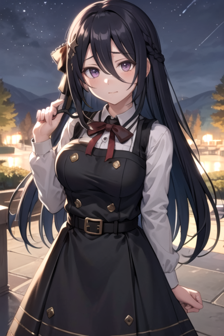 <lora:Ranpha-06:0.7> ,RANPHA, 1girl, solo, long hair, looking at viewer, shirt, (black hair:1.5), long sleeves, dress, bow, ribbon, hair between eyes, closed mouth, purple eyes, braid, hair bow, outdoors, sky, belt, black dress, red bow, red ribbon, tree, neck ribbon, night, star (sky), night sky, starry sky, pinafore dress, large breasts