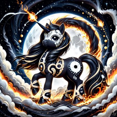 concept art  <lora:Ebony_and_Ivory_Scrimshaw_style_-_SDXL:0.8> made from ebony and ivory, a world of,  an ethereal pony, split perfectly down the middleâone side gleaming ivory, the other rich ebonyâemerges from the churning depths of a cosmic inferno. Its hooves leave behind glowing sigils in the air, as if rewriting fate with each step. The ivory side radiates a blinding celestial glow, while the ebony half absorbs light like a void, pulsing with unknowable energy. Its mane is braided with strands of burning silver and black smoke, twisting together in perfect harmony. Floating just above the corrupted ground, the pony moves without sound, a silent entity straddling the line between sacred and damned, neither belonging fully to the heavens nor the abyss.
 <lora:Dark-Cute-Ponies:1> drkpny . digital artwork, illustrative, painterly, matte painting, highly detailed
