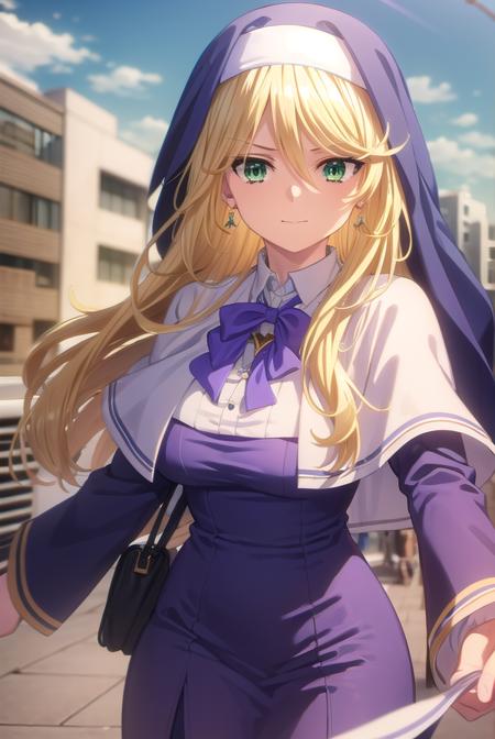 sharonholygrail, <lora:sharon holygrail s1-lora-nochekaiser:1>,
sharon holygrail, long hair, blonde hair, hair between eyes, (green eyes:1.3), smirk
BREAK bow, jewelry, earrings, bowtie, necklace, purple bow, nun, habit, purple bowtie, capelet, white capelet,
BREAK outdoors, city, sky, sun, clouds, crowd, people, 
BREAK looking at viewer, (cowboy shot:1.5),
BREAK <lyco:GoodHands-beta2:1>, (masterpiece:1.2), best quality, high resolution, unity 8k wallpaper, (illustration:0.8), (beautiful detailed eyes:1.6), extremely detailed face, perfect lighting, extremely detailed CG, (perfect hands, perfect anatomy),