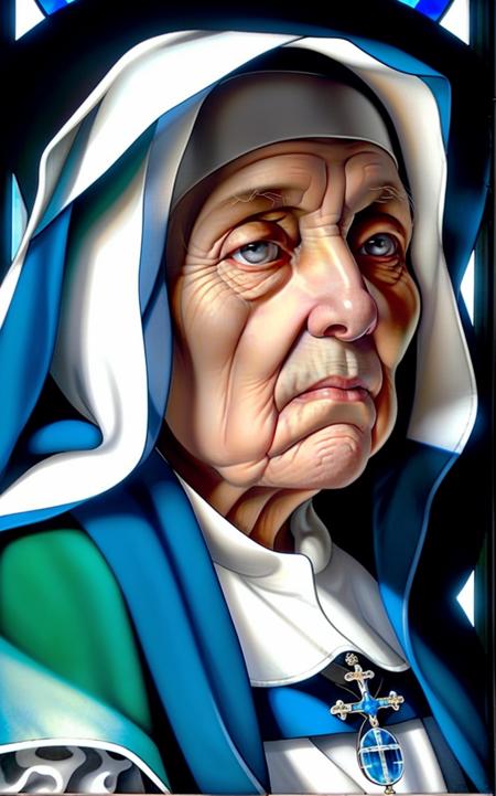 <lora:TDLP:0.6> painting of a very old nun with a wrinkled face in profile view in front of a stained glass window, she is wearing a white cloak with blue trim and holds a rosary, she is standing in a dimly lit convent, <lora:epiNoiseoffset_v2:0.6>