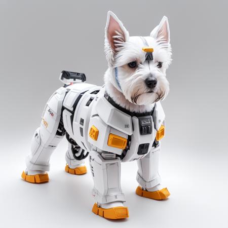 (masterpiece), isometric view of a MINI cute hyper realistic futuristic soldier white schnauzer puppy, big white bread, wearing mecha armor, blue model, Cinematic, hyper detailed, white GRADIENT background , highly detailed, zoomed out,
