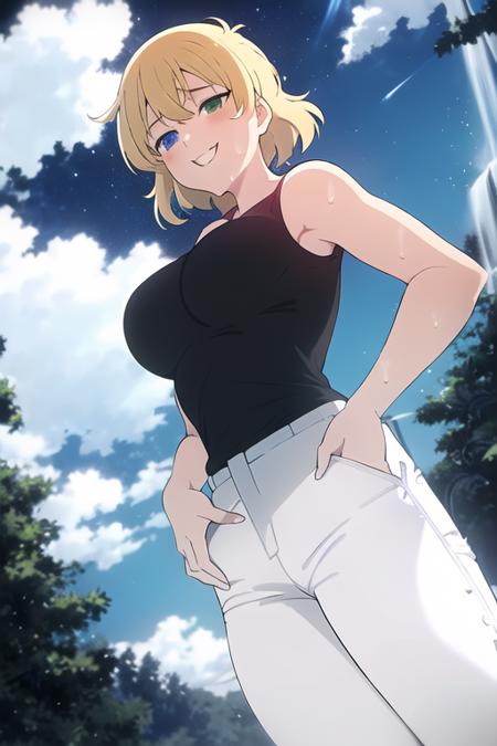 masterpiece, best quality, 1girl, ryouna \(senran kagura\), senran kagura, short hair, blonde hair, blue eyes, green eyes, heterochromia, collarbone, breasts, large breasts, huge breasts, looking at viewer, facing viewer, pov, worried, happy, :3, grin, smug, naughty face, seductive smile, solo, solo focus, shirt, collared shirt, sleeveless, (black shirt:1.5), bare shoulders, pants, (white pants:1.5), wide hips, thick thighs, dutch angle, cowboy shot, outdoors, waterfall, night, night sky, starry sky, cloud, muscular female, hands on hips, simple background,