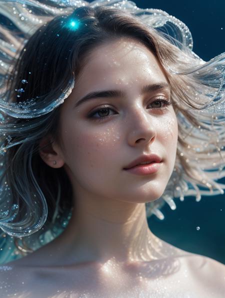 A girl with burning ice particles, front face, hair floating, as if floating in water beauty, intricate details, beautiful girl underwater scene. Transparent light source penetrates the hair, surrounded by colorful waves and plants, with a dreamy delicate face, masterpiece, sparkling bubbles, soft colors, joints, surreal, painting, rich details, gorgeous light and shadow, best Angle of view, correct hand structure, perfect human body structure, beautiful light on black background, 8k, realistic details, full hd, clear details, super high definition, fine details