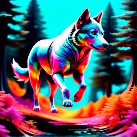 fractangles, <lora:Fractangles_SDXL:0.75> <lora:add-detail-xl:0.8> wolf running, made out of fractangles, vibrant colors, neon, vivid colors, masterpiece, extremely detailed, exquisite detail, intricate, ultra-realistic, ultra-detailed, bold outlines, forest background, 