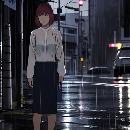 (high quality), closeup, still, 1girl, standing, streets, rain, dark, <lora:Sawaato_Art_Style:0.7>