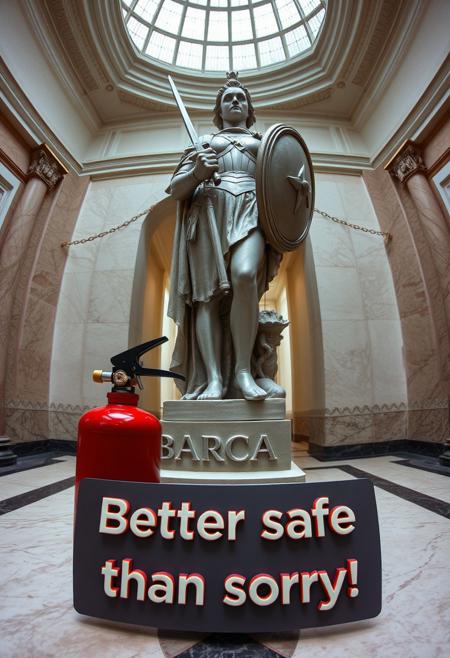 “Create an image of a statue of Giovanna d’Arco (Joan of Arc) displayed in a museum setting, shot using a Hasselblad camera with 12mm fisheye optics. The statue should have a classic, realistic style, capturing the figure in her iconic armor, holding a sword and shield. The setting is an elegant, spacious museum with marble floors and soft lighting highlighting the statue. Near the base of the statue, there should be an extinguisher (extintor) subtly placed in the scene, offering a contrast between the historical figure and the modern, functional object. In the foreground, include a small panel with the text ‘Better safe than sorry!’ in bold, plastic extruded characters, with a 3D glossy plastic finish. The fisheye lens should distort the perspective slightly, creating a dynamic, wide-angle view that enhances the contrast between the ancient statue and the modern safety feature, adding a surreal and playful touch to the composition.”