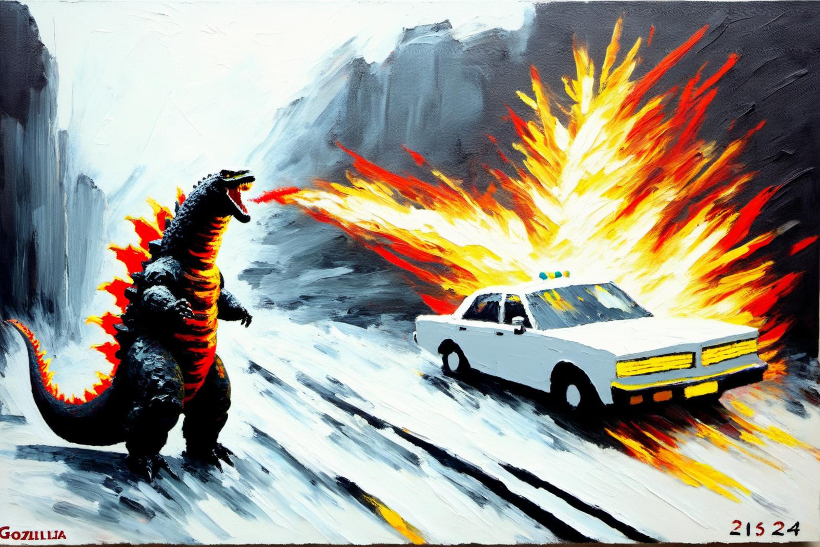 A painting of a Godzilla-like monster attacking a police car.