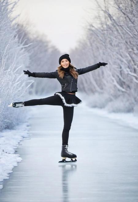 professional photo of a gorgeous woman, skating on a frozen sea, beautiful landscape, snowy trees, peaceful mood, highly detailed, symmetrical adorable face