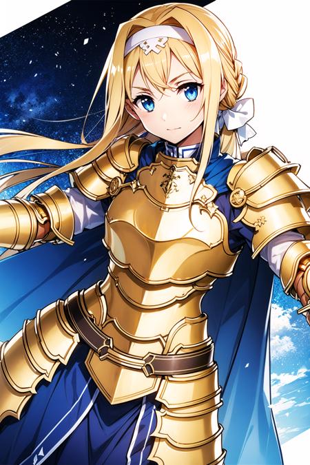 1girl, armor, long hair, alice zuberg, solo, blonde hair, blue eyes, weapon, blue cape, knight, sword, hairband, shoulder armor, dutch angle, sheath, cape,(gold breastplate:1.5), looking at viewer, white hairband, very long hair, braid, sheathed, pauldrons,gold armored dress, fantasy, white bow,(gold body armor:1.5), standing, blue dress, bangs, bow, dress, faulds, gauntlets, floating hair, white ribbon, sidelocks, ribbon, closed mouth, hair bow,<lora:abec_v2:0.8>