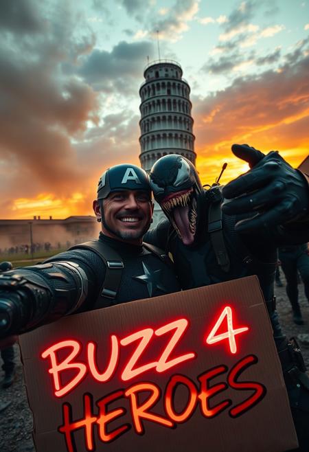 Marvel icons, Captain America and Venom, are caught in a high-energy selfie in front of the Leaning Tower of Pisa during an intense, action-packed moment. Captain America, with his iconic shield strapped to his back, holds a vintage Kodak MC3 camera, perfectly capturing the scene. Venom strikes a chaotic pose, his tendrils playfully wrapped around Cap, as they both grin for the shot. In the background, a massive Sion army emerges from swirling dust clouds, their dark, futuristic armor reflecting the dim light of the setting sun, which casts dramatic shadows over the Leaning Tower of Pisa.
In the foreground, a neon, graffiti-styled cardboard sign reads ‘BUZZ 4 HEROES,’ glowing with holographic effects, as if the moment were part of a larger, dangerous mission. The tower leans ominously under a fiery sunset sky, while the Sion army advances, adding a sense of impending danger to this wild yet thrilling superhero adventure frozen in time