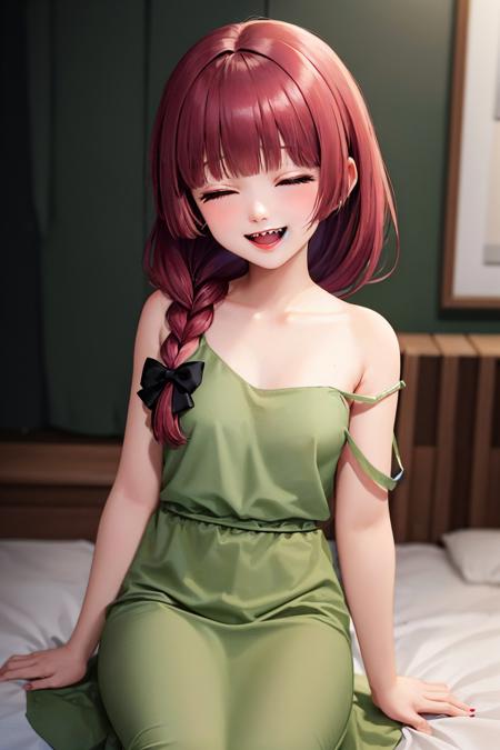 hiroi kikuri sharp teeth blunt bangs braid hair over shoulder hair bow green dress, strap slip two-tone jacket, open jacket, long sleeves, green dress