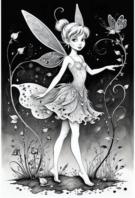 Tinkerbell, in the style of illustrative pen and ink, eerie whimsy, youthful protagonists, sensitive characterization
