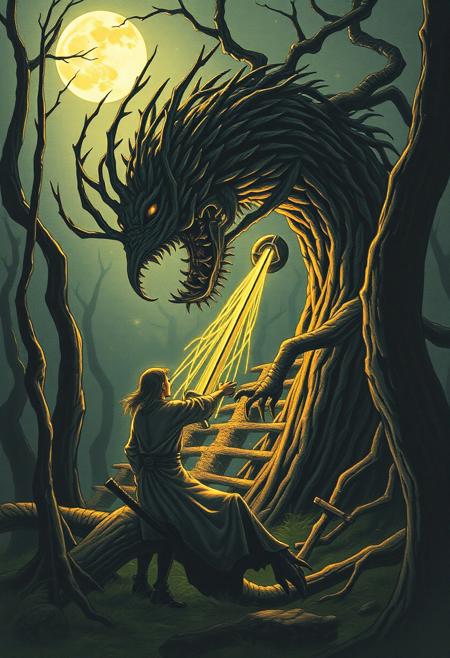 ’Twas brillig, and the slithy toves
Did gyre and gimble in the wabe:
All mimsy were the borogoves,
And the mome raths outgrabe.
“Beware the Jabberwock, my son!     
The jaws that bite, the claws that catch!
Beware the Jubjub bird, and shun
The frumious Bandersnatch!”
He took his vorpal sword in hand:
Long time the manxome foe he sought—     
So rested he by the Tumtum tree,
And stood awhile in thought.
And, as in uffish thought he stood,
The Jabberwock, with eyes of flame,
Came whiffling through the tulgey wood,     
And burbled as it came!
One, two! One, two! And through and through
The vorpal blade went snicker-snack!
He left it dead, and with its head
He went galumphing back.     
“And, hast thou slain the Jabberwock?
Come to my arms, my beamish boy!
O frabjous day! Callooh! Callay!”
He chortled in his joy.
’Twas brillig, and the slithy toves     
Did gyre and gimble in the wabe:
All mimsy were the borogoves,
And the mome raths outgrabe.