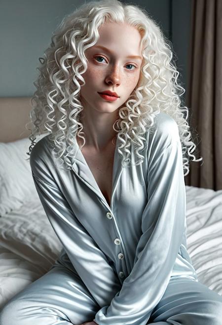 Portrait, close_up, 25 years old, ALBINO, mestiza from Brazil, diamond_shaped face, big gray eyes, freckles, full lips, protruding ears, white curly long hair, slim body, long legs, bell_shaped breasts, wearing a silky baggy onesie pajama, curled up in bed soft lights, soft everything, sensual, dynamic model_posing, professional photo, 8k, artistic composition, perfect light,