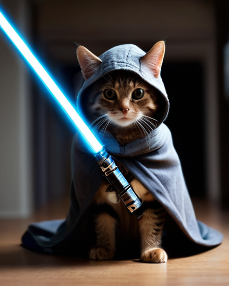 a master jedi cat in star wars holding a lightsaber, wearing a jedi cloak hood (cat:1.3), dramatic, cinematic lighting