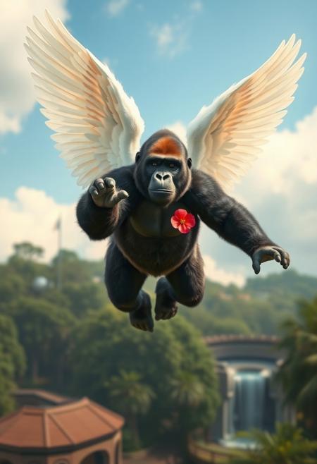 harambe the gorilla flying above a zoo with his white angel wings, a single red flower on his chest