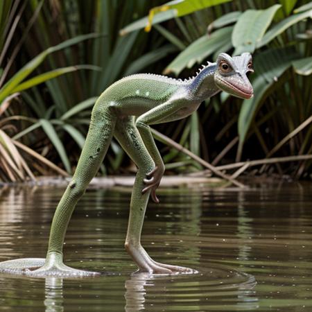 photograph of a thin lanky creature in the heart of a swamp, wildlife photography, solo, no humans, animal, hairless slimy amphiban ape with features of a salamander and a chameleon, bipedal, standing, legs submerged in water, long tongue out, centered