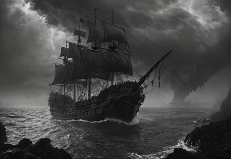 a wide detailed sea, gray cloudy sky, heavy rainstorm, ((a pirate ship with black sails emerging from below of the sea)), sense of scale, depth of field, landscape, detailed ship, digital artwork by Beksinski, subtle colors, gray and white theme, lightning at distance, menacing storm clouds, dark, grim, epiCPhoto, very long gray lightning,
BREAK,
intricate colors, detailed art, realistic art, depth of field, 4k, (best quality 1:1), masterpiece, intricate details,