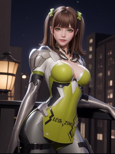 CFqingyaLHWZ, 1girl, solo, brown hair, green eyes, breasts, bodysuit,looking at viewer, lips, medium breasts, twintails, bangs,thigh holster,hair bow, <lora:CFqingyaLHWZ:0.75>,cityscape, night, mature female,