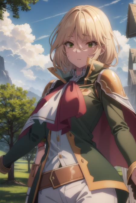 healerblade, <lora:healer blade s1-lora-nochekaiser:1>,
blade, blonde hair, (green eyes:1.5), short hair, hair between eyes,
BREAK long sleeves, pants, cape, uniform, military, ascot, white pants,
BREAK outdoors, forest, nature, trees, grass, sun, sky, clouds,
BREAK looking at viewer, (cowboy shot:1.5),
BREAK <lyco:GoodHands-beta2:1>, (masterpiece:1.2), best quality, high resolution, unity 8k wallpaper, (illustration:0.8), (beautiful detailed eyes:1.6), extremely detailed face, perfect lighting, extremely detailed CG, (perfect hands, perfect anatomy),