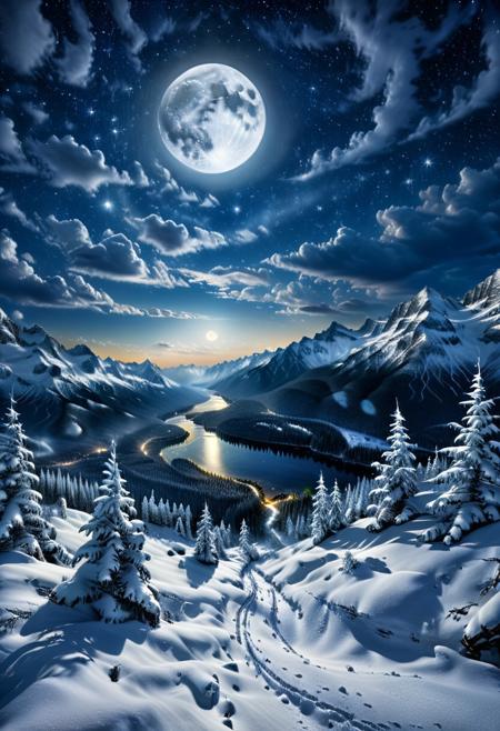Majestic taiga covered with snow at night, bright stars twinkling in the sky, full moon illuminating the landscape, hyper-detailed, cinematic, serene atmosphere, stunning realism, by Thomas Kinkade and Ansel Adams, 4k resolution, masterpiece digital painting