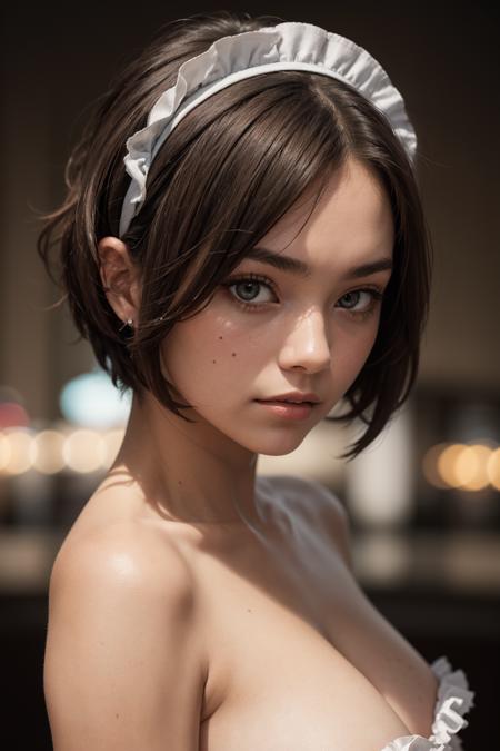 a 20 yo girl,cute,blushed,(mid-long light brown hair),sexy french maid dress,maid headband,small breasts,((madison beer:0.3), (barbara palvin:0.3), (karlie kloss:0.4)),(hi-top fade:1.3),blurred desaturated bokeh background,dark theme,soothing tones,muted colors,high contrast,(natural skin texture, hyperrealism, soft light, sharp),(close-up shot) artistic photoshoot,(naked shoulders),