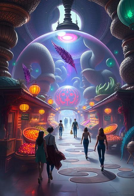 A dreamlike market inside a levitating orb, filled with vendors selling emotion-infused fruits and mechanical feathers, characters with elongated limbs and glowing tattoos wander amidst surreal architecture of spirals and arching bridges, intense color palette and mystical atmosphere, vivid
