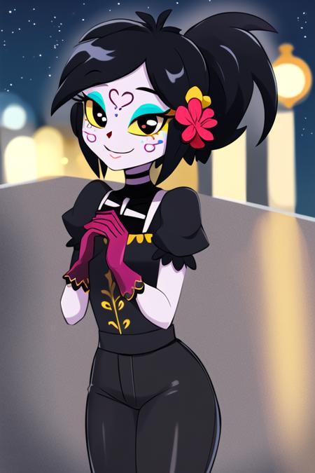 masterpiece, best quality, <lora:catalina_la_catrina:0.7> 1girl, solo, yellow sclera, dress, makeup, black hair, eyeshadow, smile, night, gloves, flower, colored sclera, own hands together, hair ornament, ponytail, hair flower, colored skin, night sky, sky, heart, star \(sky\), long hair, own hands clasped, black pants, black shirt, puffy sleeves, short sleeves,